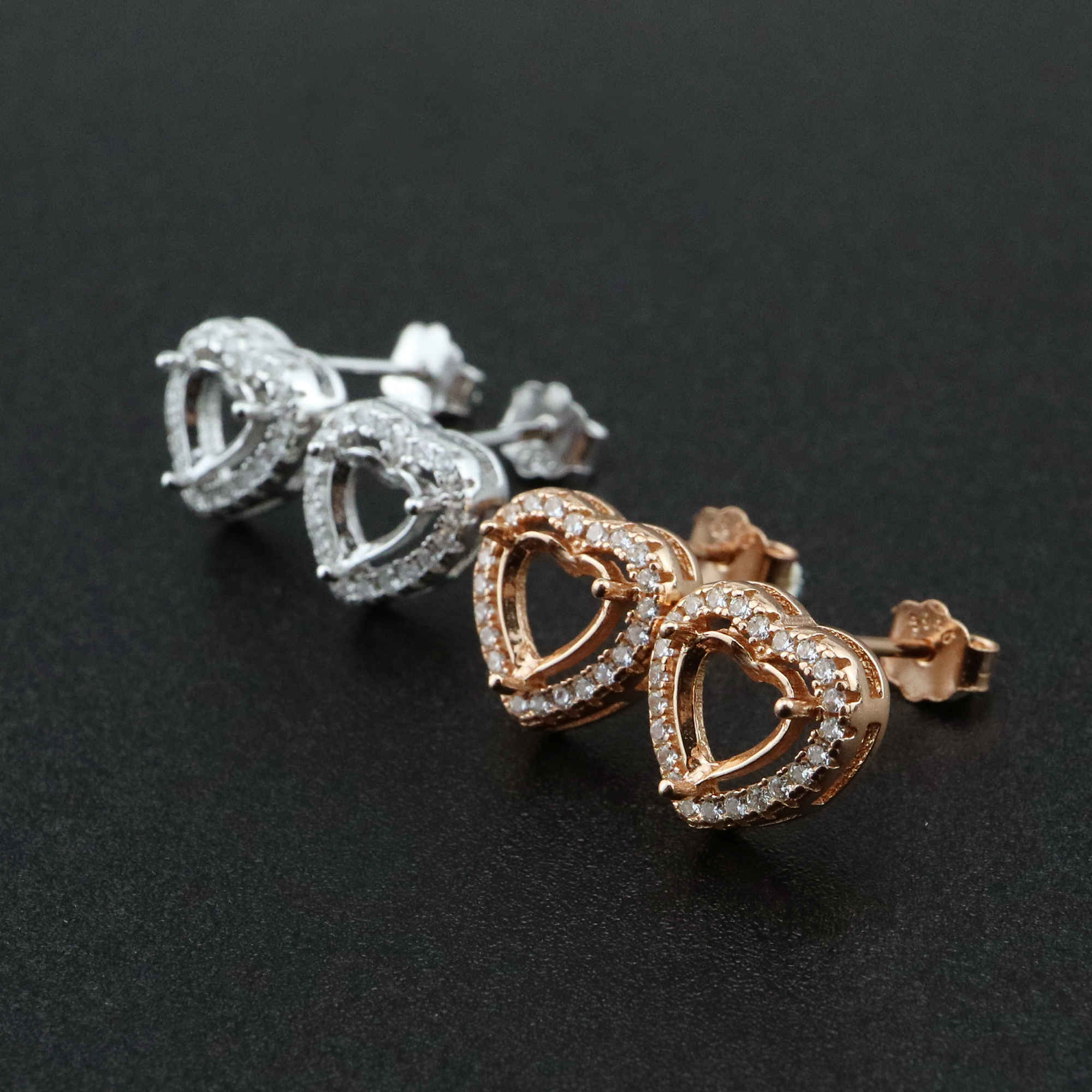 1Pair 5-6MM Rose Gold Plated Solid 925 Sterling Silver Heart Prong Bezel DIY Studs Earrings Settings for Gemstone Jewelry Supplies 1706051 - Click Image to Close